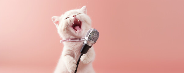 Happy cat singing into a microphone - obrazy, fototapety, plakaty