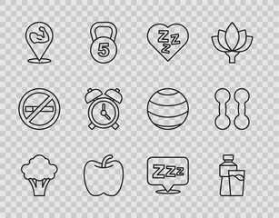 Set line Broccoli, Bottle of water with glass, Sleepy, Apple, Bodybuilder muscle, Alarm clock, and Dumbbell icon. Vector