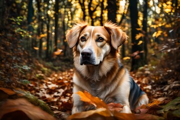 Autumn portrait of a male hybrid dog sitting in the jungle, 8k. 