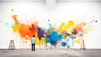 A painter is creating a splash of paint on a white wall. - obrazy, fototapety, plakaty