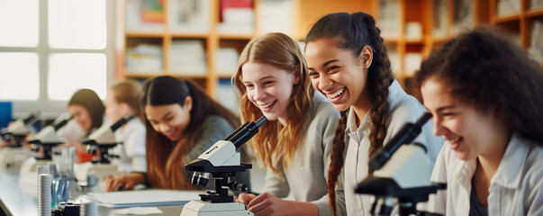 High school students using microscopes in the science class - Powered by Adobe