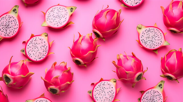 Dragon fruits on pink red background. Halved fresh organic Pitahaya backdrop, top view. Generative ai.