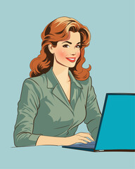 Comic-Style Office Bliss: Smiling Businesswoman with Laptop in Retro Art