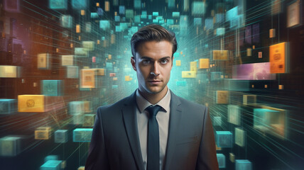 a real estate agent who is surrounded by data streams that are supposed to symbolize news.