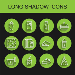 Set line Yogurt container with spoon, Milkshake, Butter butter dish, Cheese, Paper package for milk, Baby bottle and icon. Vector