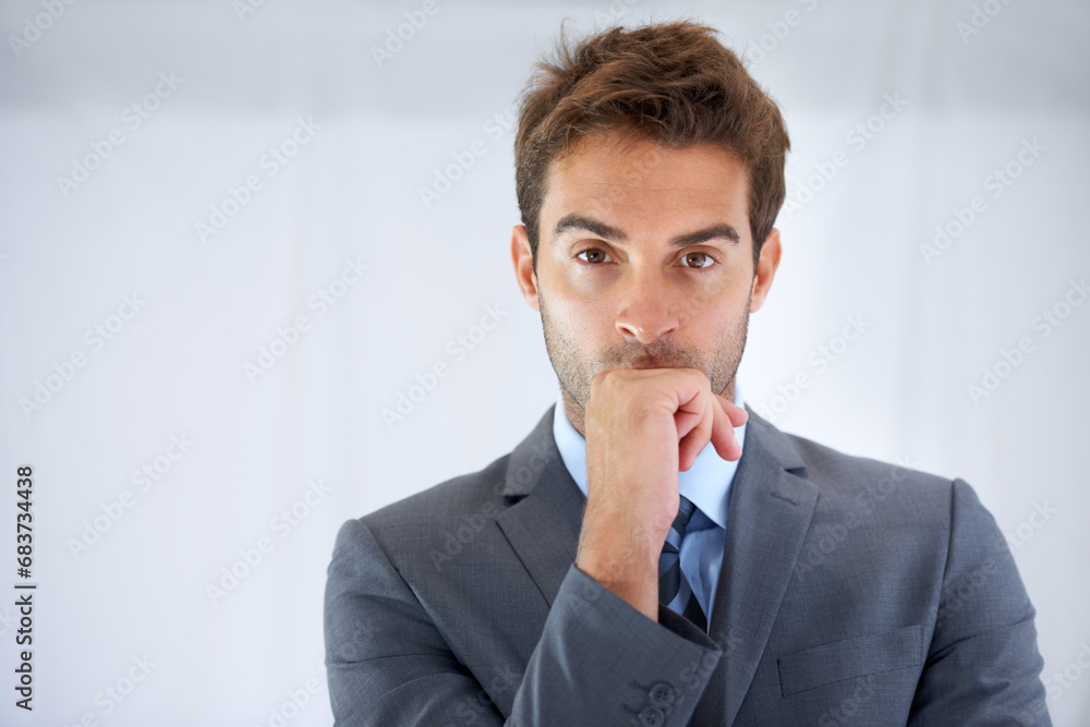 Poster businessman, portrait and thinking at office on mockup for planning, brainstorming or ideas. face of