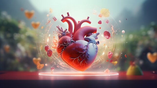 Design a conceptual illustration that symbolizes heart health, using visual elements like a heart surrounded by vibrant, life-affirming symbols, AI generated
