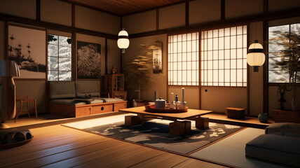 Japanese style interior living room in a small room - obrazy, fototapety, plakaty