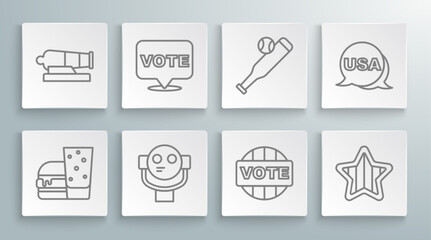 Fototapeta premium Set line Burger, Vote, Tourist binoculars, USA Independence day, Baseball bat with ball, and Cannon icon. Vector