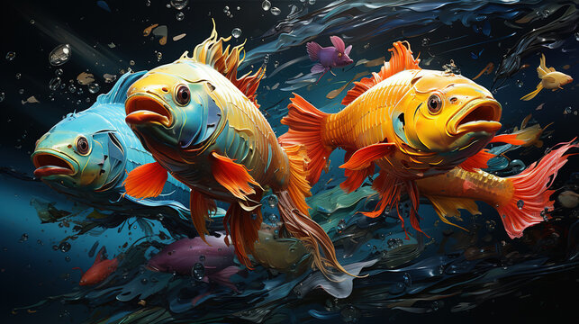 A Playful Group Of Colorful Fishes Oil Painting Background
