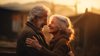 old couple happily hugging each other on natural blurred background.Valentine's Day concept.