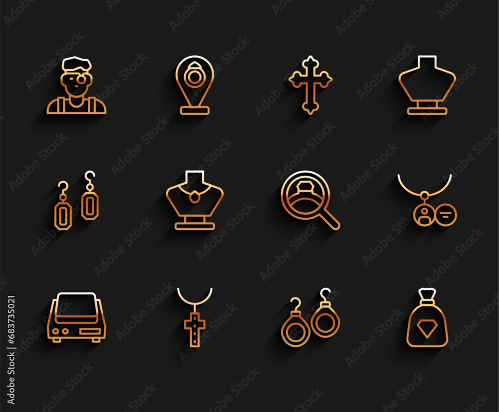 Poster Set line Electronic jewelry scales, Christian cross chain, Jeweler man, Earrings, Bag with gems, Necklace mannequin, Locket necklace and Diamond engagement icon. Vector