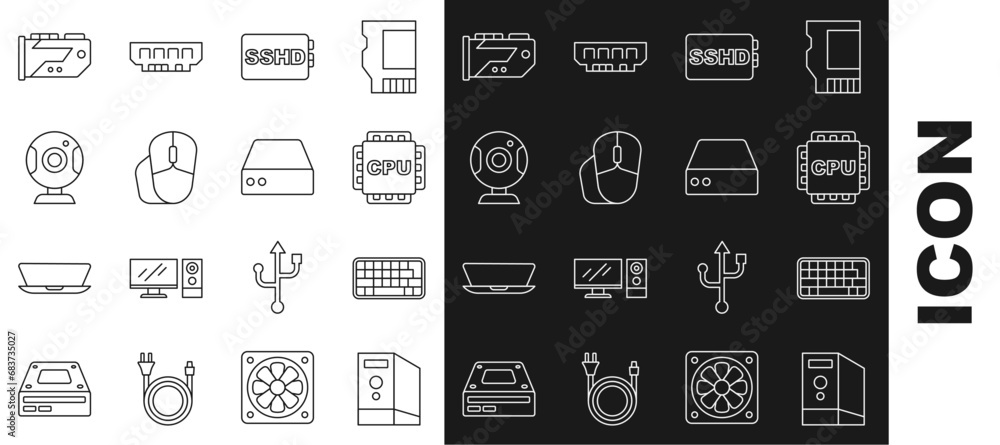 Poster set line case of computer, keyboard, processor with cpu, sshd card, computer mouse, web camera, vide