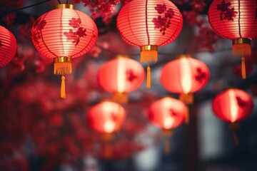 Naklejka premium Chinese lanterns. Japanese asian new year red lamps festival Chinese New Year Lanterns
