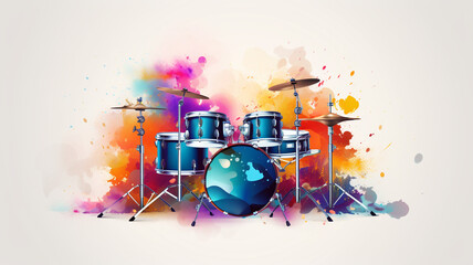 World music day banner with drum set on abstract colorful - obrazy, fototapety, plakaty