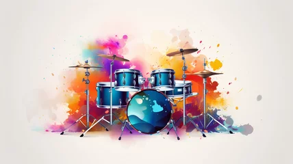 Fotobehang World music day banner with drum set on abstract colorful © Yuwarin