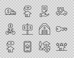 Set line House with percant, Real estate, contract, Online real, Car rental, dollar, and key icon. Vector