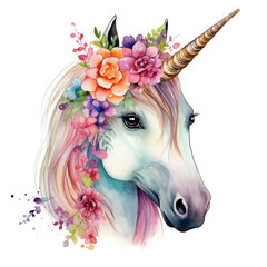 Cute colorful magic unicorn with flowers Illustration, Generative Ai