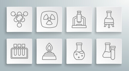 Set line Test tube, Radioactive, Alcohol or spirit burner, Microscope, and Molecule icon. Vector