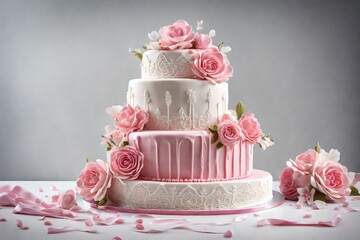 slective view . Three tiered cake highly detailed, decorated with pink and white fondant, 8k. 