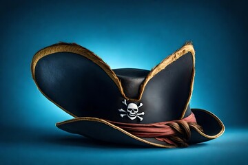 close up, pirate hat isolated on blue background. 