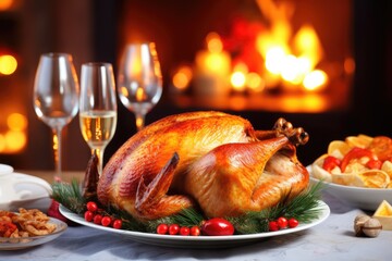 Traditional Christmas dinner with roast chicken, baked turkey on a festive table with wine and candles in front of a burning fireplace. New Year's Eve in a cozy room