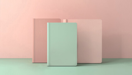 Notebook mock-up isolated. Pink background. Flat-lay mint notepad cover closeup. Journal diary. Blank template paper notebook canvas. Note-taking planner mockup. Organizer copy space