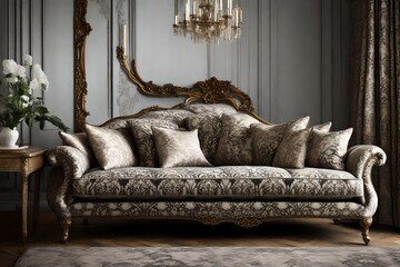 Present a damask sofa in a regal ambiance, highlighting its ornate and luxurious fabric. 