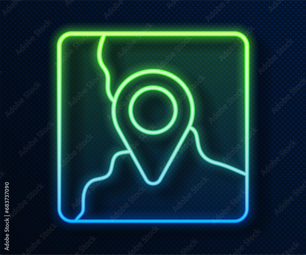 Poster glowing neon line folded map with location marker icon isolated on blue background. vector