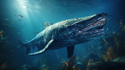 A Gigantic Great White Shark Blue Whale In Crystal Clear Water with Caustic Reflections Background