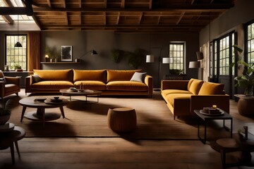 Illustrate the earthy tones of an Ochre Color Sofa, harmonizing with nature and warmth in a rustic setting. 