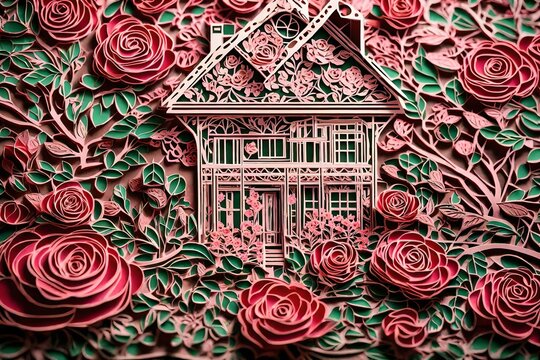 A hut surrounded by flowers made with paper cutting art 