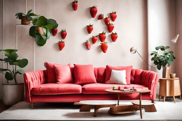 Create an image of a Strawberry Color Sofa, radiating a sense of sweetness and freshness in a playful room. 