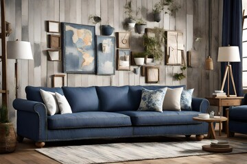 Capture the essence of denim in a denim sofa scene, emphasizing its casual yet stylish look. 