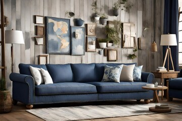 Obraz premium Capture the essence of denim in a denim sofa scene, emphasizing its casual yet stylish look. 