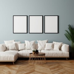 Three poster frames mock up in modern living room interior above sofa, Generative AI