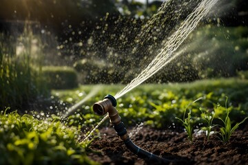 A garden hose in a moment of irrigation, a lifeline to plants.  - obrazy, fototapety, plakaty