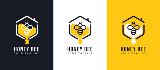 Honey bee house logo design, set of honey bee house with hexagonal honeycomb and honey drop design concept. Modern and minimalist Flat logo vector Illustration. - obrazy, fototapety, plakaty
