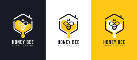 Foto op Plexiglas Honey bee house logo design, set of honey bee house with hexagonal honeycomb and honey drop design concept. Modern and minimalist Flat logo vector Illustration. © ainynoer