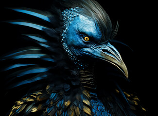 Fantasy Eagle Bird, very anger look, iconic portrait, blue and brown Feathers, Golden accessories 