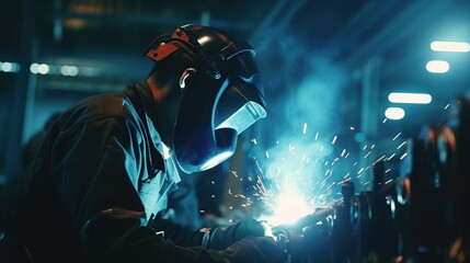 Industrial worker wearing protective clothing and welding mask in a factory.