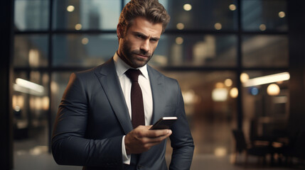 Businessman recommending a mobile phone in an office  - obrazy, fototapety, plakaty
