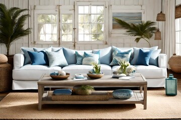 Present a Coastal sofa in a serene seaside setting, emphasizing comfort and relaxation. 