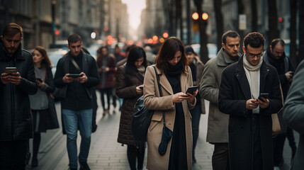 People walking on a street holding their phones in their hands, photo taken from a side view 