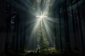A cross with rays shining on it, in the dark forest filled with pine trees, a realistic depiction of light