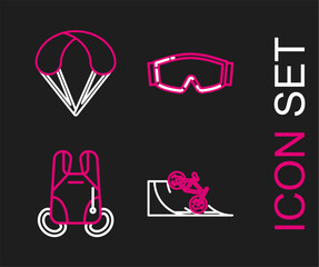 Set line Bicycle on street ramp, Parachute, Ski goggles and icon. Vector