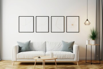 Three poster frames mock up in modern living room interior, Generative AI