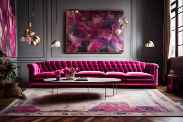 Convey the magnetism of a Magenta Color Sofa, enhancing a chic and artistic interior.  - obrazy, fototapety, plakaty