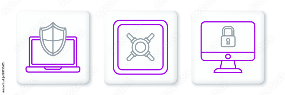 Poster set line lock on computer monitor screen, laptop protected with shield and safe icon. vector