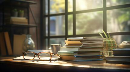 Glasses and stack of books
